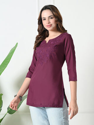Burgundy Rayon Embroidered Short Kurta