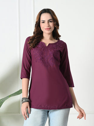 Burgundy Rayon Embroidered Short Kurta