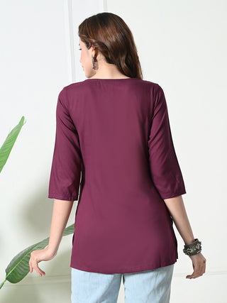 Burgundy Rayon Embroidered Short Kurta