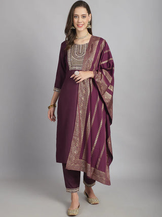 Burgundy Cotton Blend Embroidered Straight Shape Suit Set with Dupatta