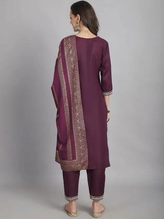 Burgundy Cotton Blend Embroidered Straight Shape Suit Set with Dupatta