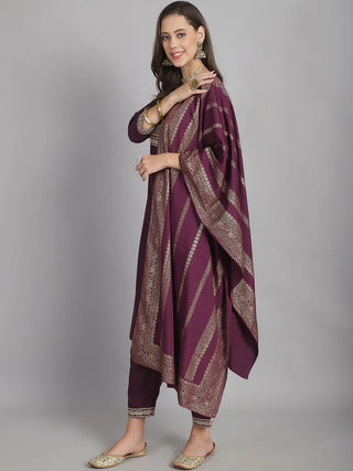 Burgundy Cotton Blend Embroidered Straight Shape Suit Set with Dupatta