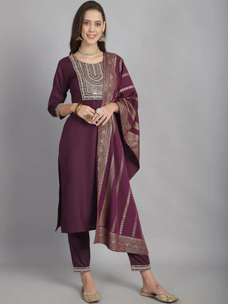 Burgundy Cotton Blend Embroidered Straight Shape Suit Set with Dupatta