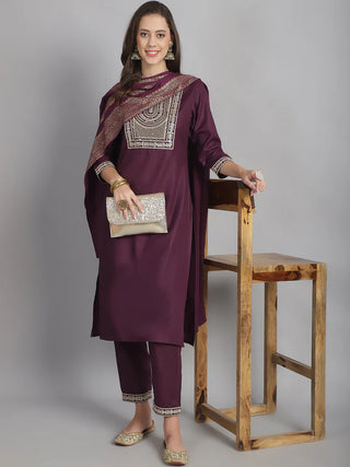 Burgundy Cotton Blend Embroidered Straight Shape Suit Set with Dupatta