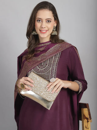 Burgundy Cotton Blend Embroidered Straight Shape Suit Set with Dupatta