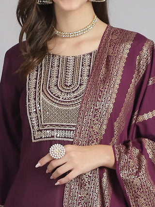 Burgundy Cotton Blend Embroidered Straight Shape Suit Set with Dupatta