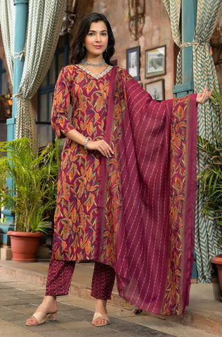 Burgundy Viscose Printed & Embroidered Straight Shape Suit Set with Chanderi Cotton Dupatta