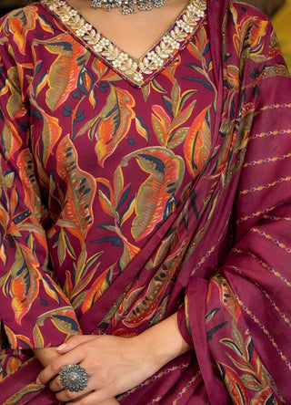 Burgundy Viscose Printed & Embroidered Straight Shape Suit Set with Chanderi Cotton Dupatta