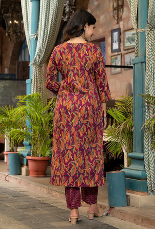 Burgundy Viscose Printed & Embroidered Straight Shape Suit Set with Chanderi Cotton Dupatta