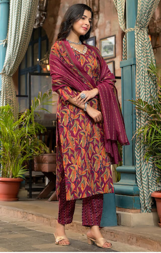 Burgundy Viscose Printed & Embroidered Straight Shape Suit Set with Chanderi Cotton Dupatta