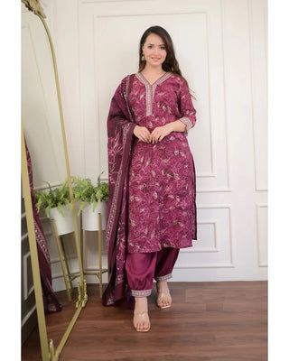 Burgundy Viscose Printed & Embroidered Straight Shape Suit Set with Chanderi Cotton Dupatta