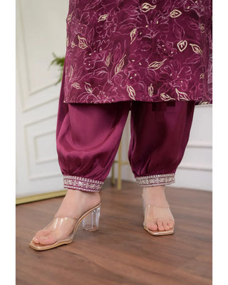 Burgundy Viscose Printed & Embroidered Straight Shape Suit Set with Chanderi Cotton Dupatta