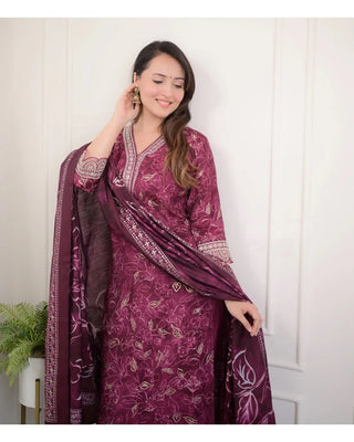 Burgundy Viscose Printed & Embroidered Straight Shape Suit Set with Chanderi Cotton Dupatta