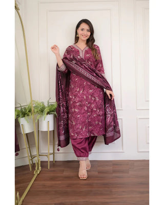 Burgundy Viscose Printed & Embroidered Straight Shape Suit Set with Chanderi Cotton Dupatta