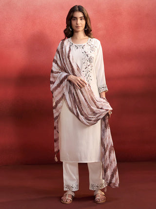 Cream Silk Blend Embroidered Straight Shape Suit Set with Leheriya Print Chiffon Dupatta