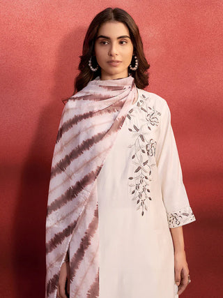 Cream Silk Blend Embroidered Straight Shape Suit Set with Leheriya Print Chiffon Dupatta