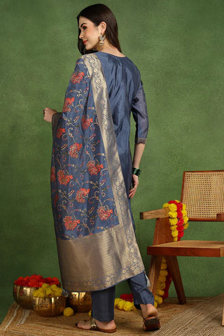 Blue Chanderi Woven Designed Suit Set with Dupatta