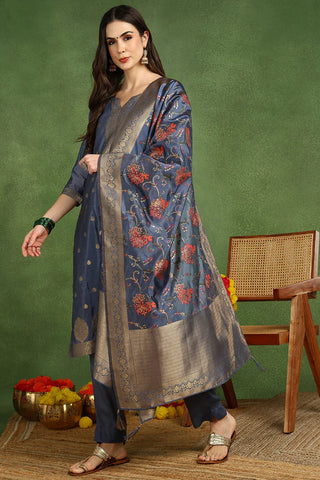 Blue Chanderi Woven Designed Suit Set with Dupatta