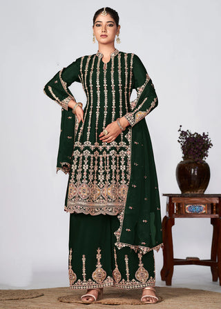 Green Chinon Heavy Embroidered Suit Set with Dupatta