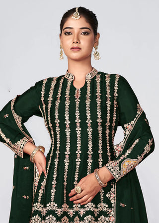 Green Chinon Heavy Embroidered Suit Set with Dupatta