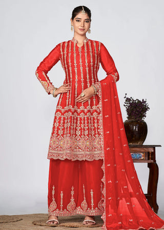 Red Chinon Heavy Embroidered Suit Set with Dupatta