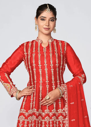 Red Chinon Heavy Embroidered Suit Set with Dupatta