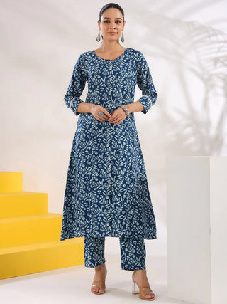 Blue Cotton Floral Print A Line Kurta Trouser Set 