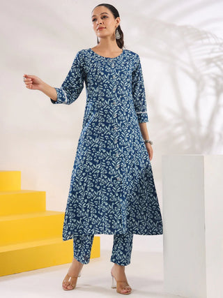 Blue Cotton Floral Print A Line Kurta Trouser Set 