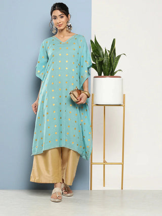 Cotton Blue Gold Tonnned Polka Dot Printed Kaftan Kurta