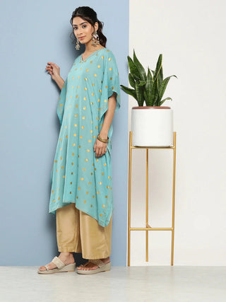 Cotton Blue Gold Tonnned Polka Dot Printed Kaftan Kurta