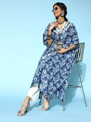 Blue Cotton Printed Kaftan Kurta