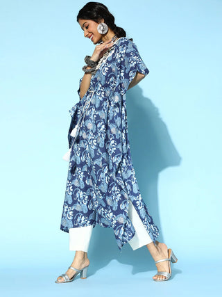 Blue Cotton Printed Kaftan Kurta