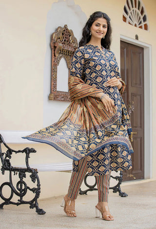 Blue Cotton Floral Print & Thread Work Detailing Suit Set with Dupatta