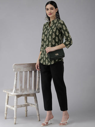 Green Cotton Ethnic Motif Printed Top