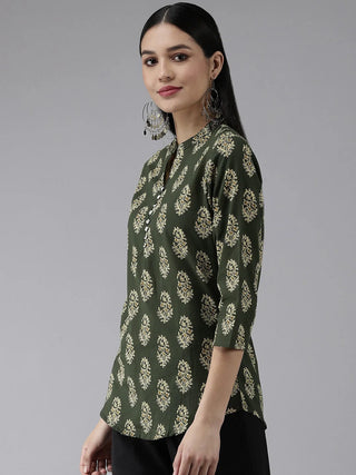 Green Cotton Ethnic Motif Printed Top