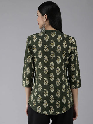 Green Cotton Ethnic Motif Printed Top