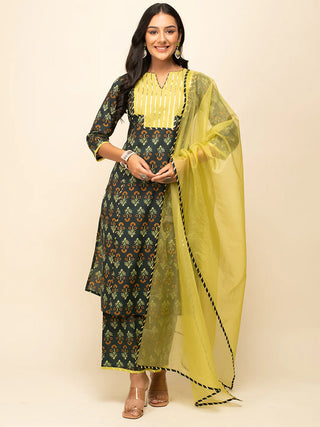 Green Cotton Printed Straight Cut Suit Set with Organza Dupatta