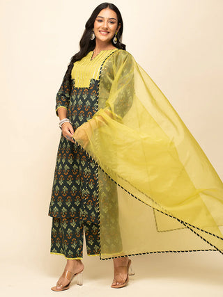 Green Cotton Printed Straight Cut Suit Set with Organza Dupatta