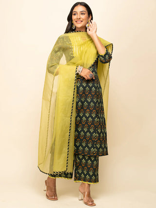 Green Cotton Printed Straight Cut Suit Set with Organza Dupatta