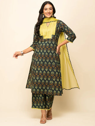 Green Cotton Printed Straight Cut Suit Set with Organza Dupatta