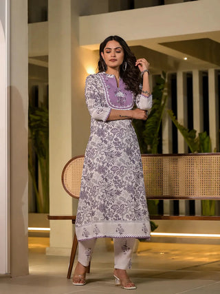 Purple Cotton Floral Print & Embroidered Kurta Trouser Set