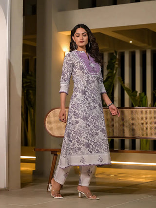 Purple Cotton Floral Print & Embroidered Kurta Trouser Set