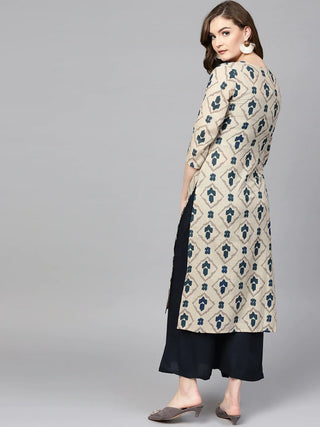 Biege & Blue Cotton Abstract Print A Line Kurta