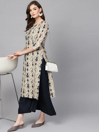 Biege & Blue Cotton Abstract Print A Line Kurta