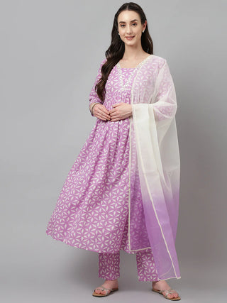 Lavender Lurex Cotton Printed & Lace Detailing Suit Set with Organza Dupatta