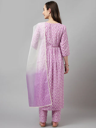 Lavender Lurex Cotton Printed & Lace Detailing Suit Set with Organza Dupatta