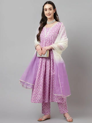 Lavender Lurex Cotton Printed & Lace Detailing Suit Set with Organza Dupatta