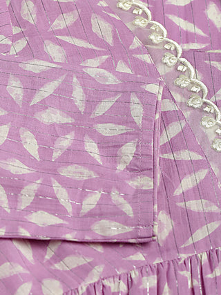 Lavender Lurex Cotton Printed & Lace Detailing Suit Set with Organza Dupatta