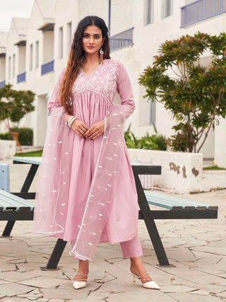 Pink Pure Cotton Embroidered Anarkali Suit Set with Dupatta