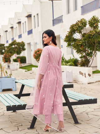 Pink Pure Cotton Embroidered Anarkali Suit Set with Dupatta